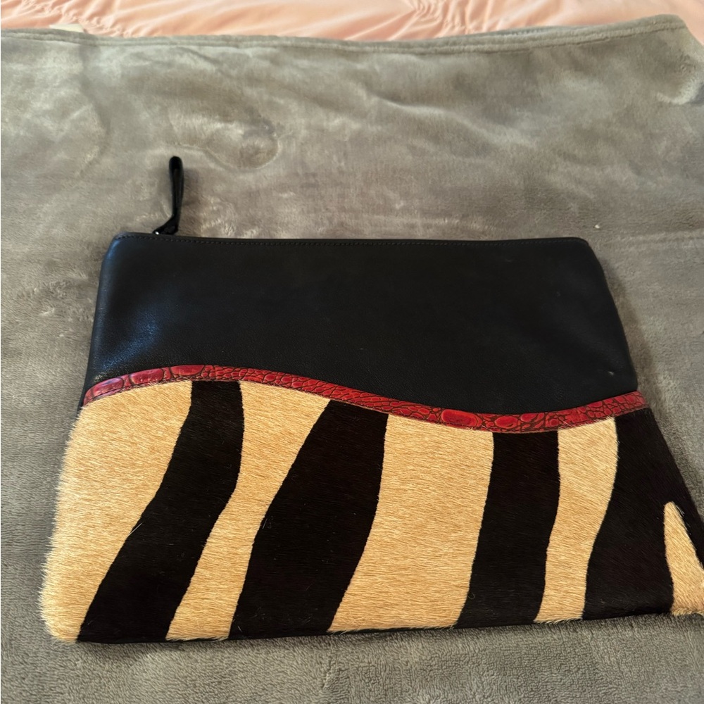 Black and Tan Animal Print Clutch with Zipper Closure